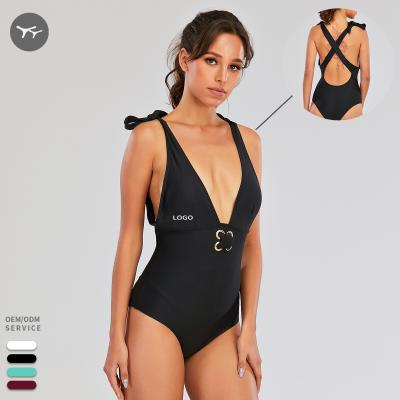 China 2021 JIEJIN New Arrival OEM Swimwear V-Neck Women Swimwear Black Anti-UV Black One Piece Swimsuit for sale