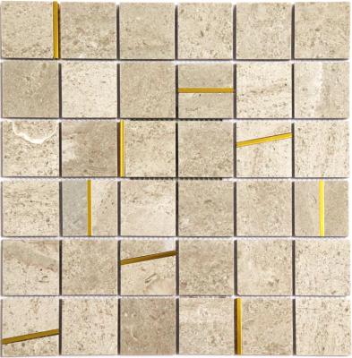 China Modern Emperador Light Stone Mosaic Tile With Brass Inlay Mosaic Pattern for sale