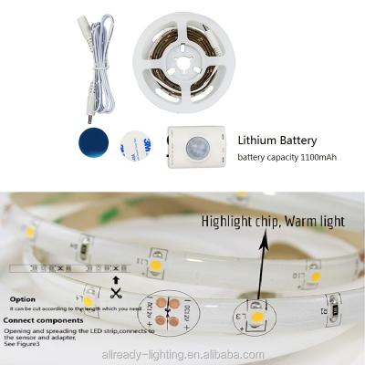 China Residential 1M Adhesive Motion Sensor Led Strip Lights For Wardrobe Closet Cabinet Baby Kids Room Lithium Battery Operated for sale