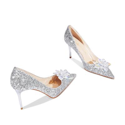 China Waterproof Cinderella 2022 headed crystal glass flower toe ladies rhinestones gold stilettos luxury high heels wedding shoes for sale