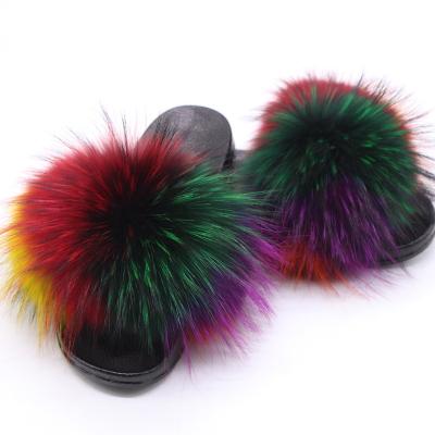 China Fashion Trend Logo Eva Raccoon Fur Slippers Indoor Unique Hairy Slides Sandal Colorful 100% Fluffy Slipper For Women for sale