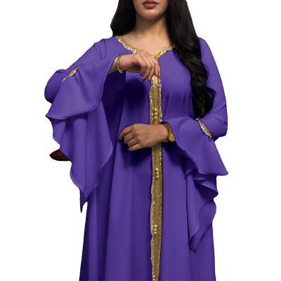 China Comfortable feel and use Gold Muslim Lace-up Dress Embroidery Ruffle Sleeve Middle East Islamic Clothing for sale