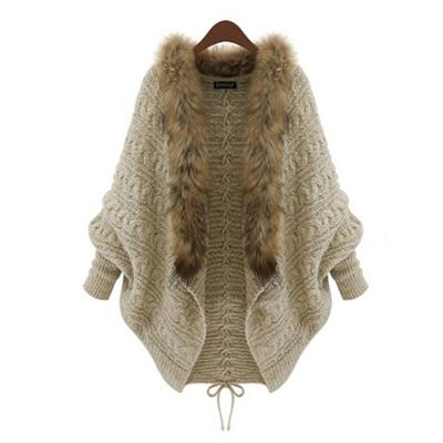 China 2021 News Autumn Loose Big Yards Knit Anti-wrinkle Cardigan Wing Batwing Women's Sweater Fur Collar Coat for sale