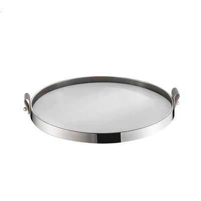 China Factory Light Luxury Tray Customized Stainless Steel Light Luxury Round Tray Silver Hotel Service Classy Leather Tray for sale