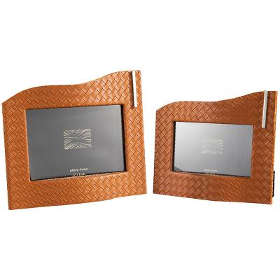 China Luxury Hotel Light Office/Bedroom Picture Frame Stainless Steel Photo Frame Light Luxury Custom Silver Frame 7 Inch Orange Leather Photo Frame for sale