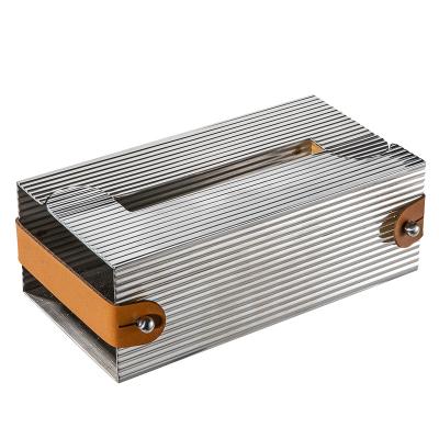 China Luxury Leather Silver Striped Hotel Tissue Box Custom Light Stainless Steel Decorative Metal Tissue Box Metal Tissue Box for sale