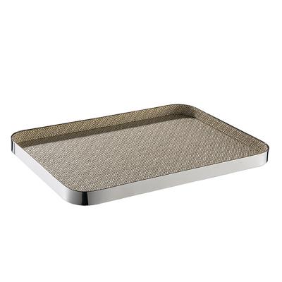 China Luxury Hotel Light Serving Tray Customized Silver 304 Stainless Steel Light Luxury Classy Gray Leather Hotel Serving Tray for sale