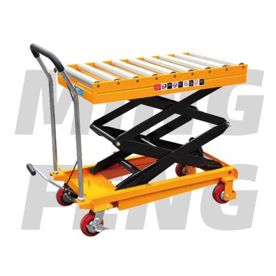 China Hotels mingfeng high quality manual hand lift tables hydraulic mobile trolley with rolly double scissors 350kg for factory workshop for sale