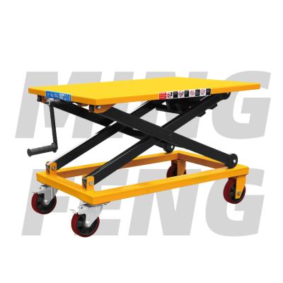 China Hotels mingfeng high quality manual hand lift tables hydraulic mobile trolley with rolly double scissors 350kg for factory workshop for sale