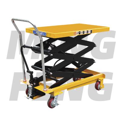 China mingfeng hand hotels 500kg 300KG manual platform truck lift table high quality manual hydraulic mobile double scissors trolley for sale