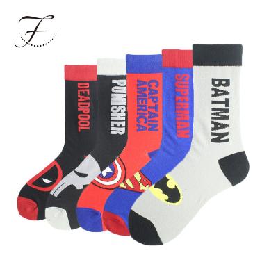 China Fiona Cheap Skateboard Men Knitted QUICK DRY Marvel Hero Character Socks 100% Cotton Male Custom Cartoon Design Casual Long Socks for sale