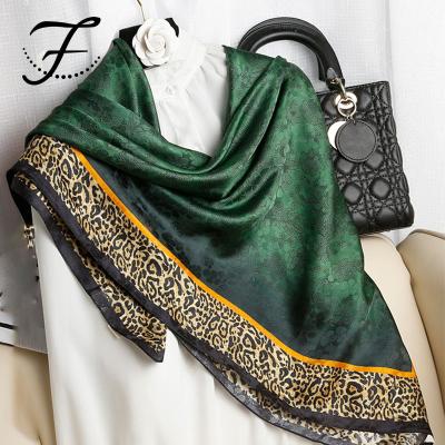 China FIONA Green Leopard Flowers Print Summer Square Mulberry 100 Pure Silk Jacquard Scarf for sale