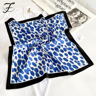 China FIONA Custom Wholesale Blue Leopard feeling of soft touch print silk scarf spring silk scarf small square and new summer fashion satin for sale