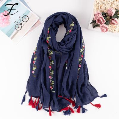 China Soft Touch Feeling FIONA Custom Fashion Women Beach Sunscreen Shawl Bohemian Ethnic Long Thin Cotton Canvas Embroidered Scarf for sale