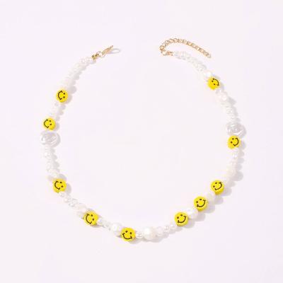 China 2021 Enviroment Friendly White Women Bead Boho Statement Necklace Chain Jewelry Smiley Face Bead Necklaces For for sale