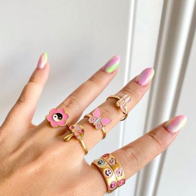 China Cute Rings Anillos Star Flower Pinky Smiley Face Smile Butterfly Gossip Epoxy Enamel Pink Punk Lovely for sale