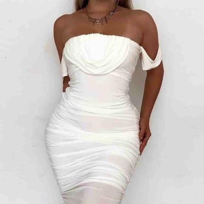 China European and American summer slim evening dress anti-static sexy One-shoulder party fashion pleated women's casual dresses for sale