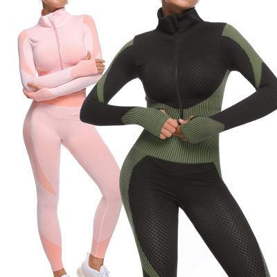 China Breathable Long Sleeve Yoga Suit Sports Tight Zipper Running Seamless Breathable Yoga Leggings For Women Yoga Sets for sale