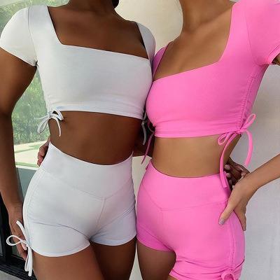 China 2020 Women's Summer New Women's Bandage Square Neck Breathable Short Sleeve Backless Sexy Sports Suit for sale