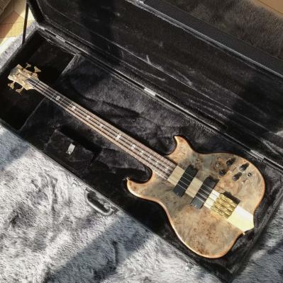 China Custom 42 inch active pickup neck through body veneer maple top 4 strings Alembic style electric bass for sale