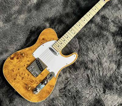 China Tele Electric Guitar, Burl Maple Top, Yellow Color, Mahogany Body, Maple Fingerboard, Single Binding for sale