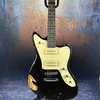 China 2024 Deluxe Handed Fano Style Relic Electric Guitar Custom Guitar Factory Aged Black Guitar P90 Pickups for sale