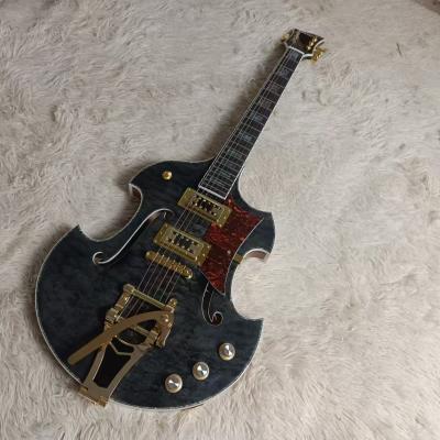 China Custom f hole hollow body irregular body Gretsch style electric guitar with bigs bys trem in transparent black, accept guitar and bass OEM for sale