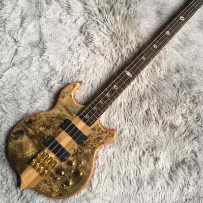 China 4 cuerdas personalizadas Cuello a través del cuerpo Alembico estilo Bajo eléctrico Guitarra de árbol Burl Top en venta