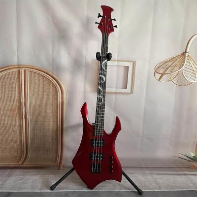 China Custom Special Irregular Body Shape Transparent Red Electric Bass Guitar 4 Strings Basswood Body for sale