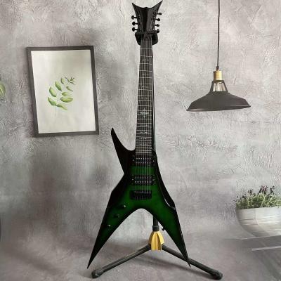 China 7 cuerdas personalizadas Aves de Presa Cuello Incrustado Cuerpo Especial Verde Explosión Ardiente Arce Guitarra Eléctrica en venta