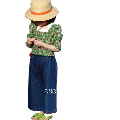 China Korean Style Casual Girls Net Blouse Set Summer Kids Shirt Green Denim Floral Print Wide Leg Pants Two Sets for sale