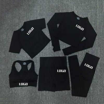 China Breathable 5 Pcs Yoga Set Long Sleeve Active Crop Shorts Clothing Gym Wear Sports Workout Suit Top 5 Piece Women Seamless Sportswear for sale