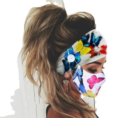 China Eco-Friendly Butterfly Elastic Head Bands With Button Face Cover Tie Dye Sports Head Bands Wholesale Women Men Headband With Buttons for sale