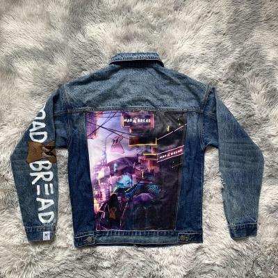 China DENIMGUYS DTG Breathable Sublimation Printing Embroidery Paint Denim Light Blue Men's Digital Jacket for sale