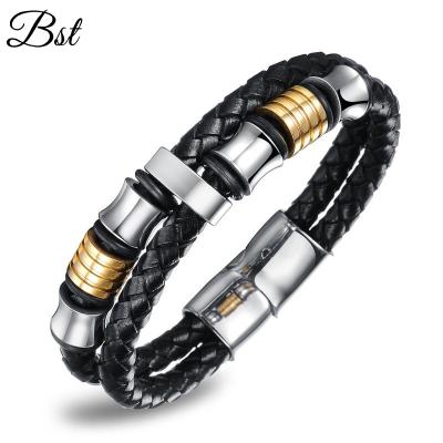 China Hot Selling Casual/Sporting Personalized Stainless Steel Bracelet Double Rings Leather Bangle Bracelet For Men for sale