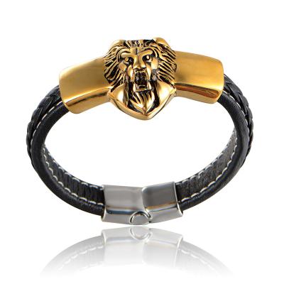 China Gold Plating Leather Stainless Steel Latest Casual Custom 2022/Sporty Lion Head Men Fashion Bracelet for sale