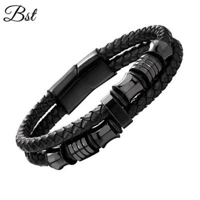 China Wholesale Casual/Sporty Stainless Steel Genuine Leather Charm Bracelet Men's Black Casual/Sporty Fashion for sale