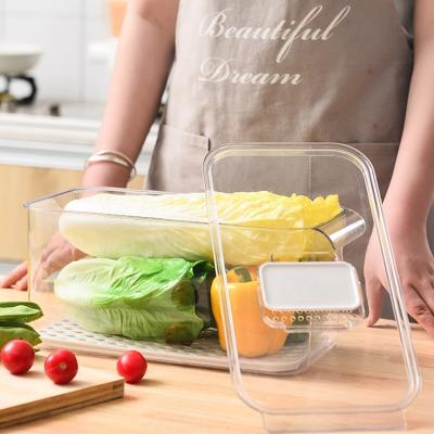 China Transparent Freshness Keeping Kitchen Storage Box With Lid Handle Food Storage Box White Ash Drain Base Breathable Refrigerator Storage Box for sale