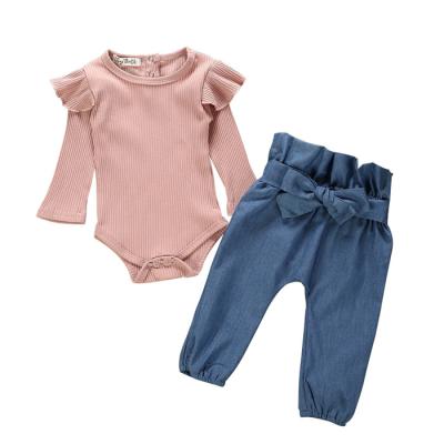 China Breathable Girl Pink Baby Clothes Long Sleeve Romper With Brand Jeans Pants Sets From Custom Jeans Manufacturers for sale