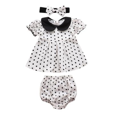 China Breathable Baby Polka Dot Girls Short Sleeve Pleated Dress Classic Pattern Bread Pants Clothes Hair Band Three Piece Costume for sale