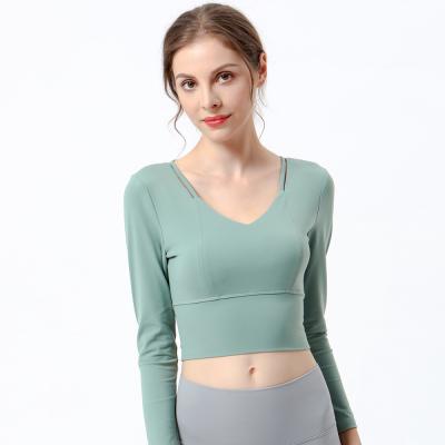 China Breathable Sweat Activated Soft Cotton Long Sleeve 2073 Yoga T-Shirt With Build In Bra for sale