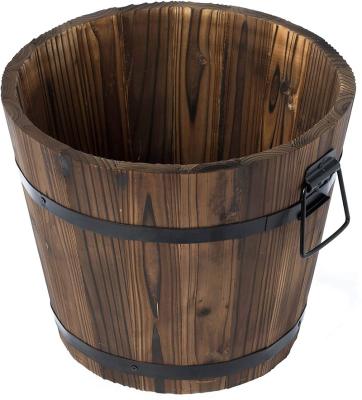 China 100% handmade small wooden whiskey barrel flower pots, 12 inches in diameter and tall for sale