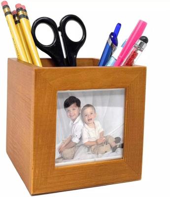 China Living Room Wooden Pen Holder With Photo Frame Holder Pencil Cup Makeup Desk Pen And Sweep Home Decor for sale