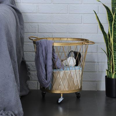 China Morden Style Luxury Bathroom Gold Metal Wire Luxury Laundry Basket with Wheels for sale