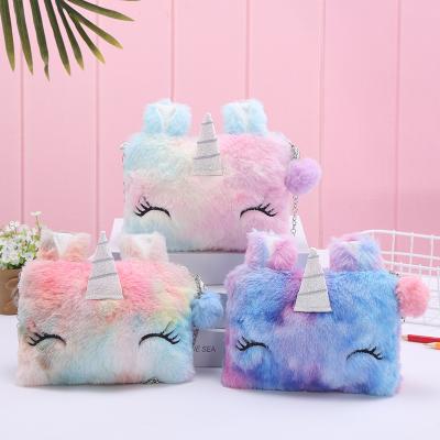 China New Fashion Rainbow Metal Cute Chain Zipper Plush Bag Kids Cross - Casual Kids Unicorn Fur Plush Bag Body Bag for sale