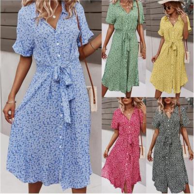 China 2021 Summer Women's Long Dress Chest New High Waist Floral Print Dress Anti-Static Short Sleeve Square Collar Lace Up Casual Dress for sale