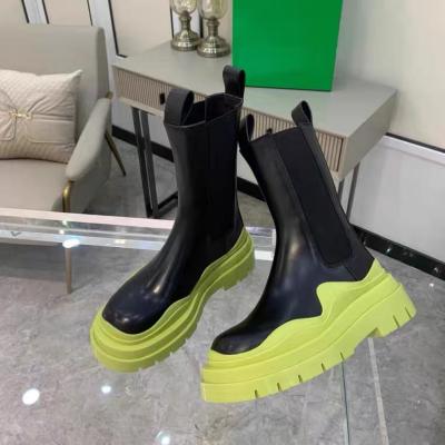 China Other Unique Custom Genuine Leather Shoes Rain New Wholesale Trend Women Luxury High Top Wooden Heel Work Ankle Chunky Chelsea Boot Woman for sale