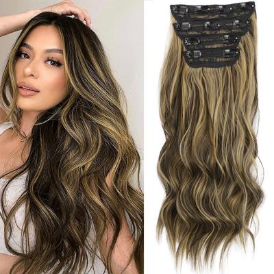 China Blonde Body Wave Highlight Synthetic Hair 4pcs Clips In Wavy Weft Extension Kit Women Hair Beauty Curly Hair for sale