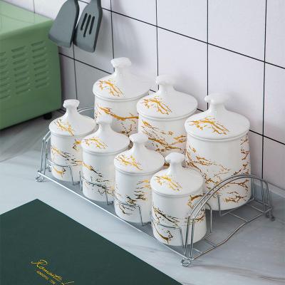 China Kitchen Seasoning Box Set Combination Home Kitchen Seasoning Hand Painted Ceramic Bottle Gold Seasoning Jar Rack Seasoring Jar for sale