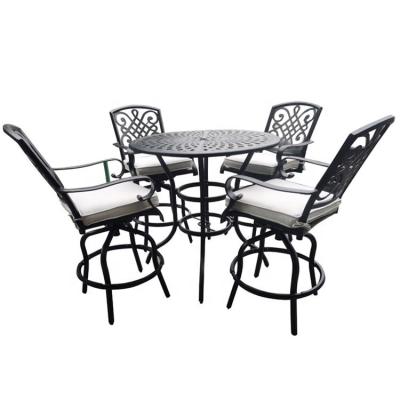 China Frame With Hand Bronze Brush Cast Aluminum 5 Piece Round Bar Waist Swivel Barstool Cushion Chair Outdoor Patio Elevated Dining Set for sale